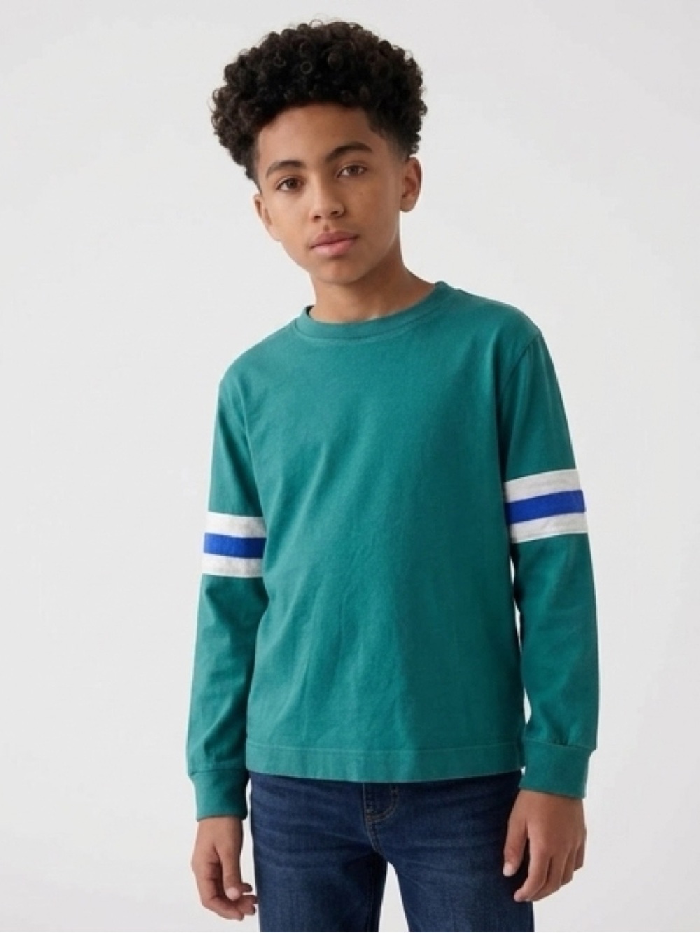 Green Long-Sleeve Kids Top with Blue White Stripe Detail